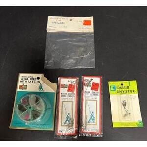 Kmart Fishing Accessories Lot Dial Box Flies Steel Leaders Lure Line Spreader